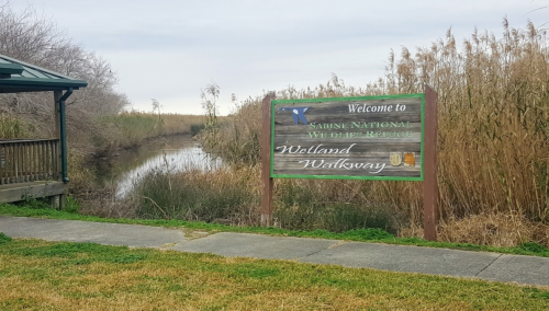 Sign welcoming visitors to Sabine National Wildlife Refuge, with a wetland view and wooden walkway nearby.