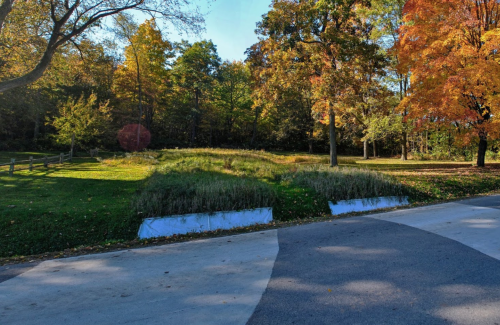 A scenic park view with colorful autumn trees and a grassy area near a winding road.
