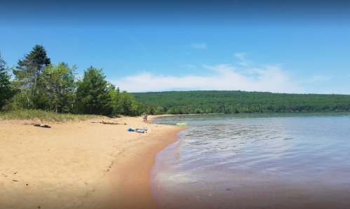 A sandy beach with gentle waves, surrounded by green trees and a clear blue sky.