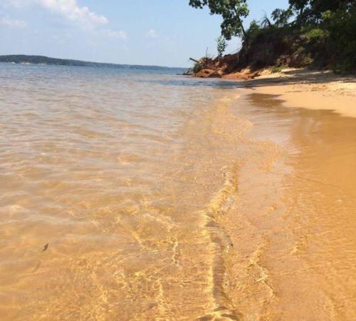 A serene beach scene with gentle waves lapping at a sandy shore under a clear blue sky.