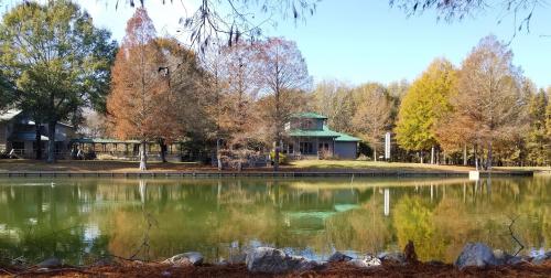 A serene lake surrounded by trees with autumn foliage, reflecting a house with a green roof in the background.