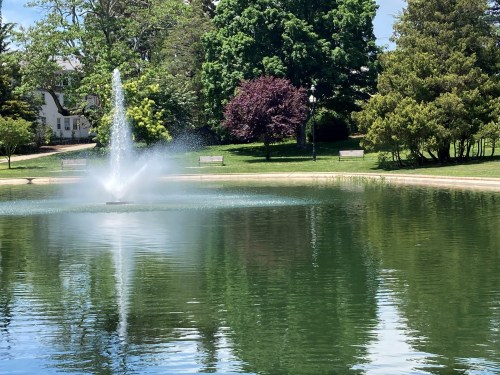 A serene park scene featuring a fountain in a pond, surrounded by lush green trees and benches on the shore.