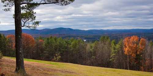 A scenic view of rolling hills and trees in autumn, with colorful foliage and a cloudy sky.