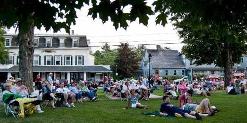 A crowd of people sitting on lawn chairs in a park, enjoying an outdoor event with trees and buildings in the background.