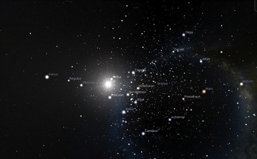 A starry night sky filled with various stars and planets labeled, including Venus, Mercury, and Mars.