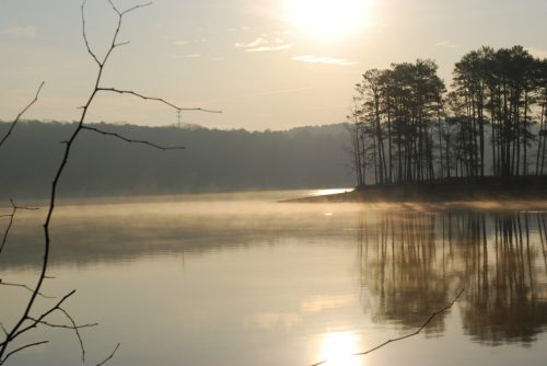 A serene lake at sunrise, with mist rising and trees reflected in the calm water.