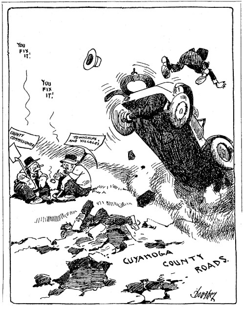 A cartoon depicting a car flying off a road with two men discussing poor road conditions in Cuyahoga County.