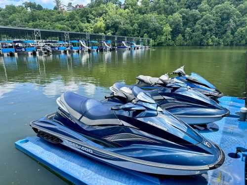 Three blue jet skis parked on a dock by a calm lake, surrounded by green trees and a marina in the background.