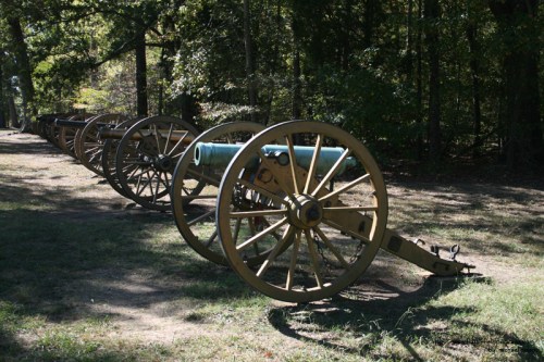 A row of historical cannons on wheels, set against a backdrop of trees and grass.
