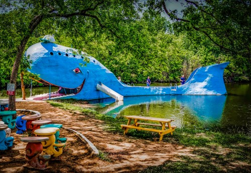 A large blue whale sculpture by a pond, featuring a slide and surrounded by trees and colorful seating.