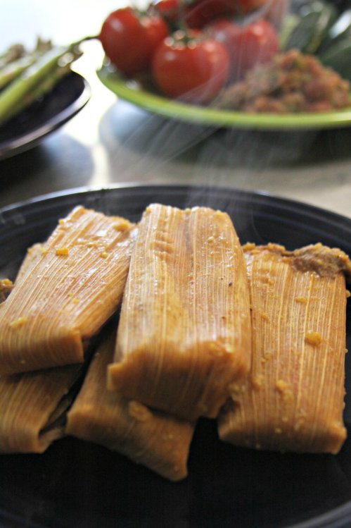 A plate of steaming tamales with a side of fresh vegetables and salsa in the background.