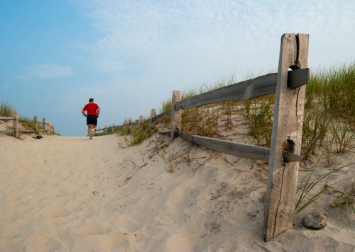 A person in a red shirt jogs along a sandy path bordered by wooden fences and tall grass.