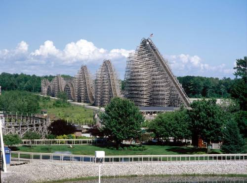 A wooden roller coaster with steep hills and a clear blue sky in the background, surrounded by trees.