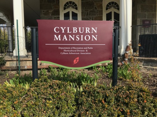 Sign for Cylburn Mansion, indicating its association with the Department of Recreation and Parks and Horticultural Division.