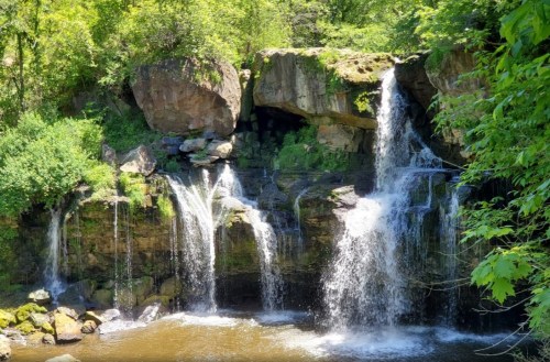 A serene waterfall cascading over rocks, surrounded by lush greenery and a calm pool below.