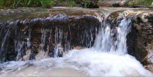 A small waterfall cascading over a rocky surface, surrounded by greenery and flowing into a shallow pool.