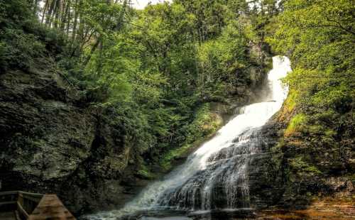 A serene waterfall cascading down rocky cliffs, surrounded by lush green trees and foliage.