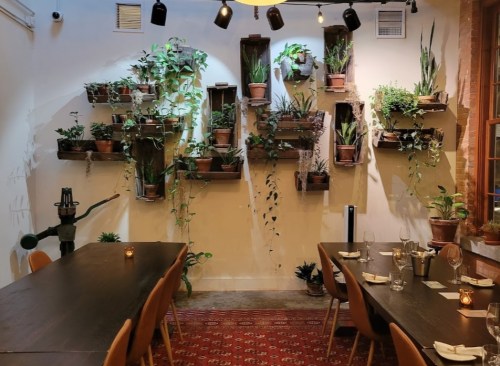 A cozy restaurant interior featuring a wall of potted plants and a long wooden dining table with candles.