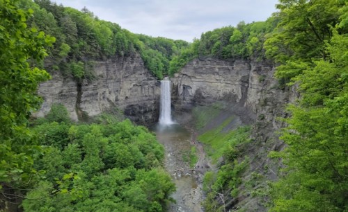 A scenic view of a waterfall cascading down rocky cliffs, surrounded by lush green trees and a serene landscape.
