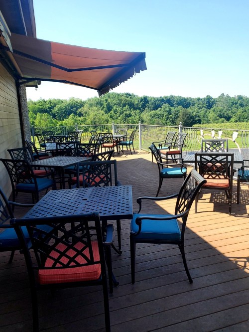Outdoor patio with tables and chairs, shaded by an awning, overlooking a green landscape.