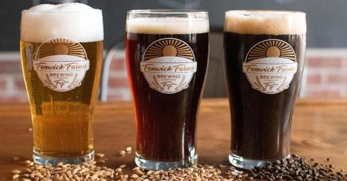 Three glasses of beer with labels from Fenwick Farms Brewing, showcasing a light, amber, and dark brew on a wooden table.