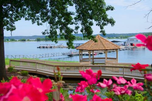A scenic view of a lake with a gazebo, docks, and vibrant pink flowers in the foreground.