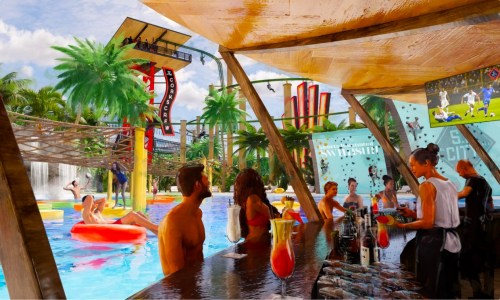A vibrant poolside bar scene with people relaxing, palm trees, and a water slide in the background.