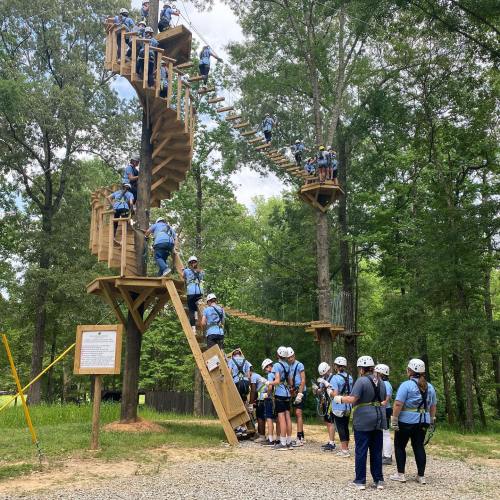 A group of people in helmets navigating a treetop ropes course with wooden structures and a spiral staircase.