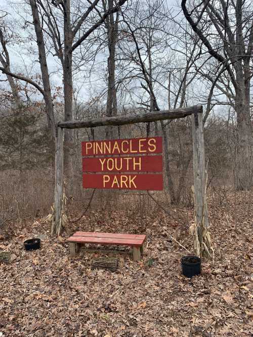 Sign for Pinnacles Youth Park surrounded by bare trees and fallen leaves, with a bench in front.