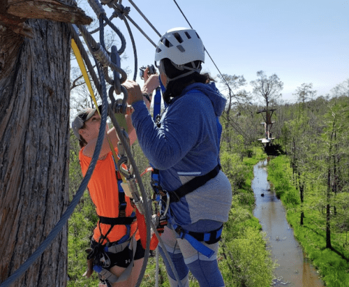 Two people in harnesses are preparing for a zip line adventure in a lush, green forest with a creek below.