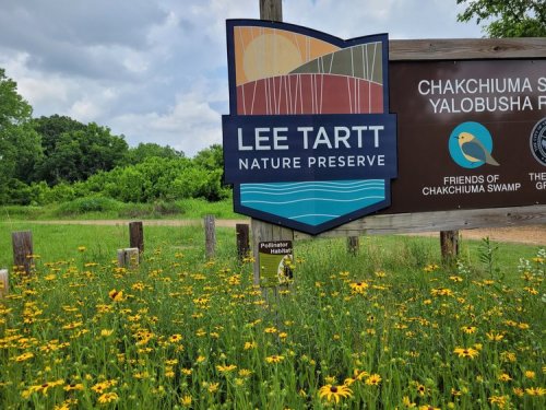 Sign for Lee Tartt Nature Preserve surrounded by yellow wildflowers and greenery under a cloudy sky.