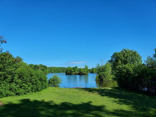 A serene lake surrounded by lush greenery under a clear blue sky.