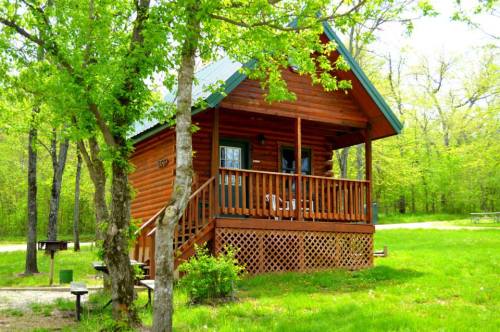 A cozy wooden cabin surrounded by lush green trees and grass, featuring a porch and picnic tables nearby.