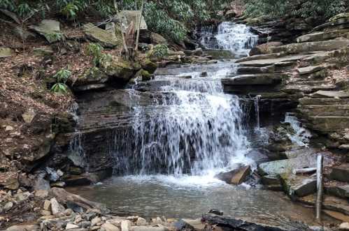 A serene waterfall cascading over rocky steps into a calm pool, surrounded by lush greenery.