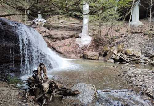 A serene waterfall cascades into a clear stream, surrounded by rocky terrain and lush greenery.