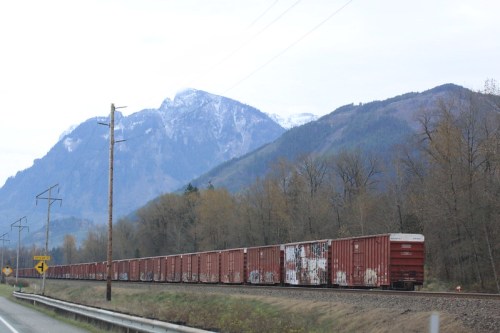 A long freight train with red cars travels along a track beside a mountain range and trees under a cloudy sky.