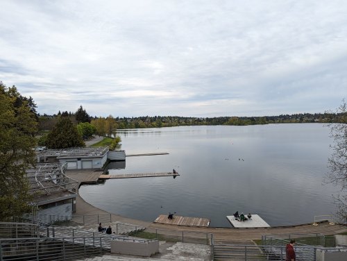 A serene lake view with docks, trees, and cloudy skies, reflecting a peaceful outdoor setting.