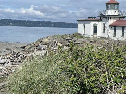 A lighthouse by the shore, surrounded by rocks, grass, and a calm sea under a cloudy sky.