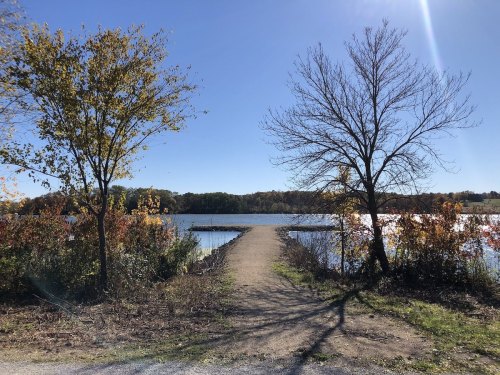 A serene path leads to a calm lake, framed by trees and vibrant autumn foliage under a clear blue sky.
