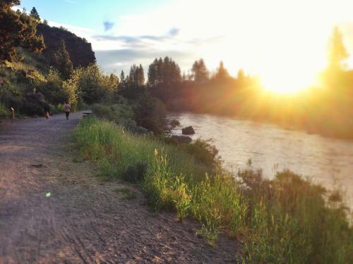 A scenic riverside path at sunset, with a person walking along the trail surrounded by lush greenery.
