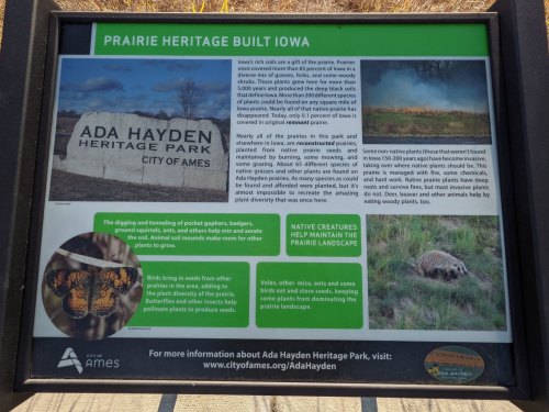 Sign about Ada Hayden Heritage Park, detailing prairie heritage, native plants, and wildlife conservation efforts.