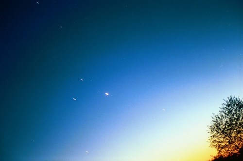 A twilight sky with a gradient from blue to orange, featuring scattered stars and a silhouette of a tree.