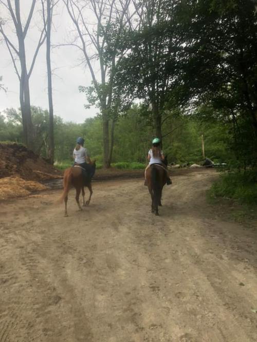 Two riders on horseback walking down a dirt path surrounded by trees.