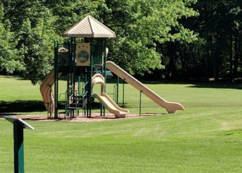 A playground with a slide and climbing structure, set on a grassy field surrounded by trees.