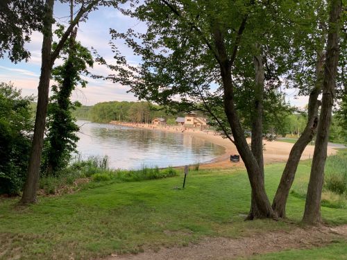 A serene lakeside view with trees, a sandy beach, and a calm water surface under a partly cloudy sky.