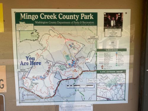 Map of Mingo Creek County Park, showing entrances, trails, and facilities with a "You Are Here" marker.