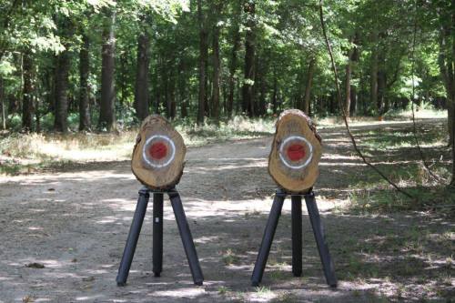 Two wooden targets with red bullseyes on stands, set in a forested area with trees in the background.