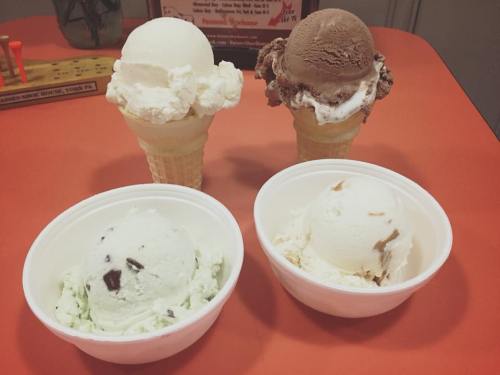 Two ice cream cones with scoops of vanilla and chocolate, plus two bowls of mint chocolate chip and vanilla ice cream.
