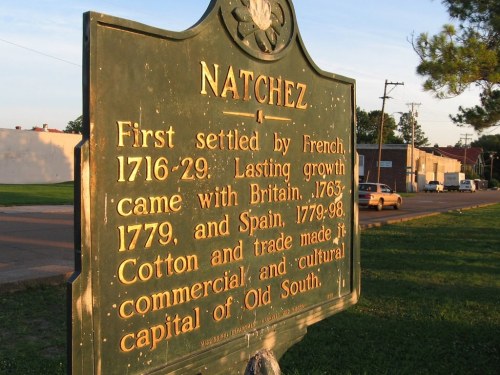 Historical sign about Natchez, detailing its founding, growth, and significance in the Old South.