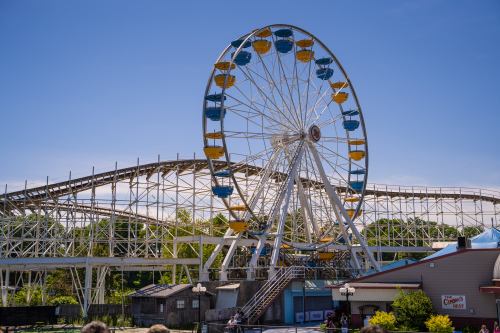 A colorful Ferris wheel stands beside a wooden roller coaster under a clear blue sky at an amusement park.